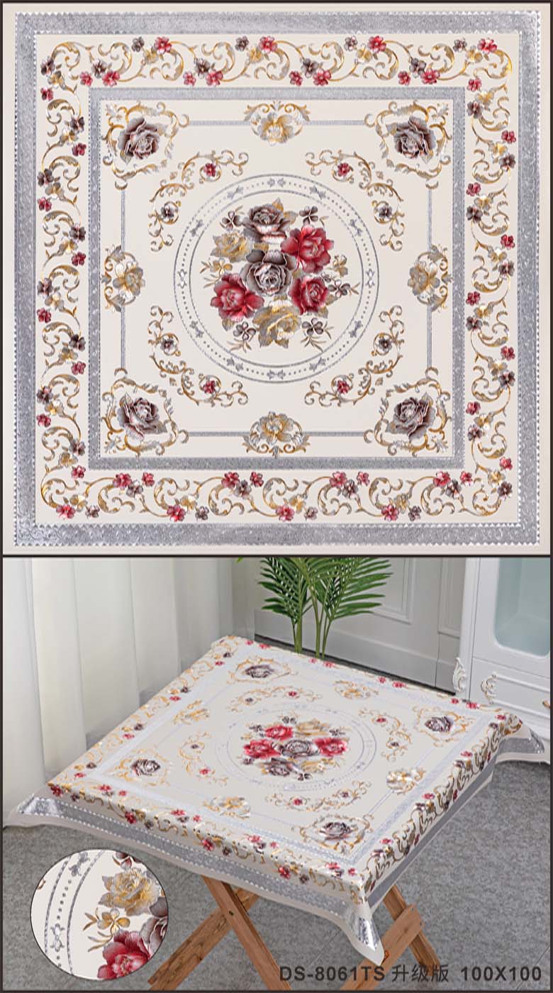 Customized PVC Round Plaid Tablecloth for 10 People White and Green Floral Pattern