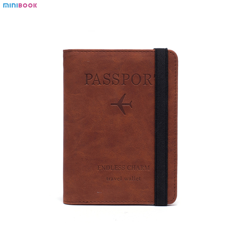 Leather Passport Cover Case Stamping Simple Plane for Travel Document and Credit Card