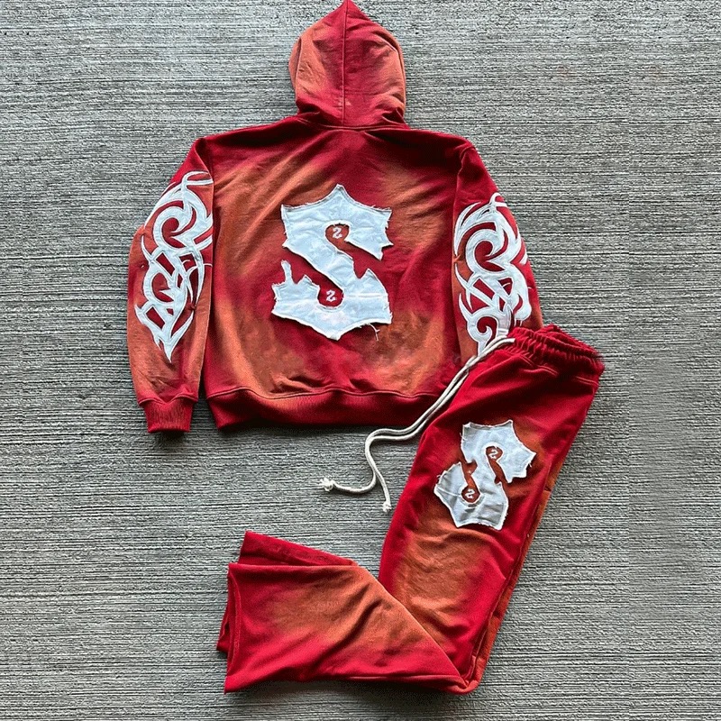 Men's Acid Wash Sun Faded Flared Sweatpants Set with Custom Patch Embroidery Logo