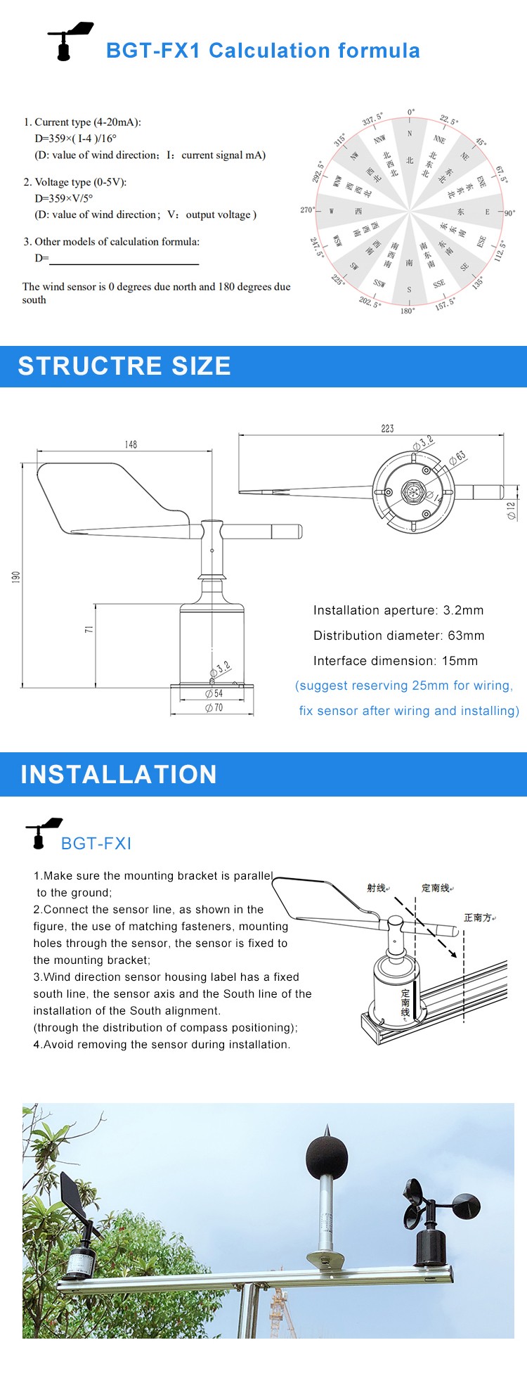 Plastic Electronic BGT-FX1 0-360 Degree Wind Direction Sensor for Outdoor Conditions