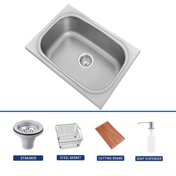 Stainless Steel Single Sink Square Bowl Design Faucet / Basket / Knife / Board /