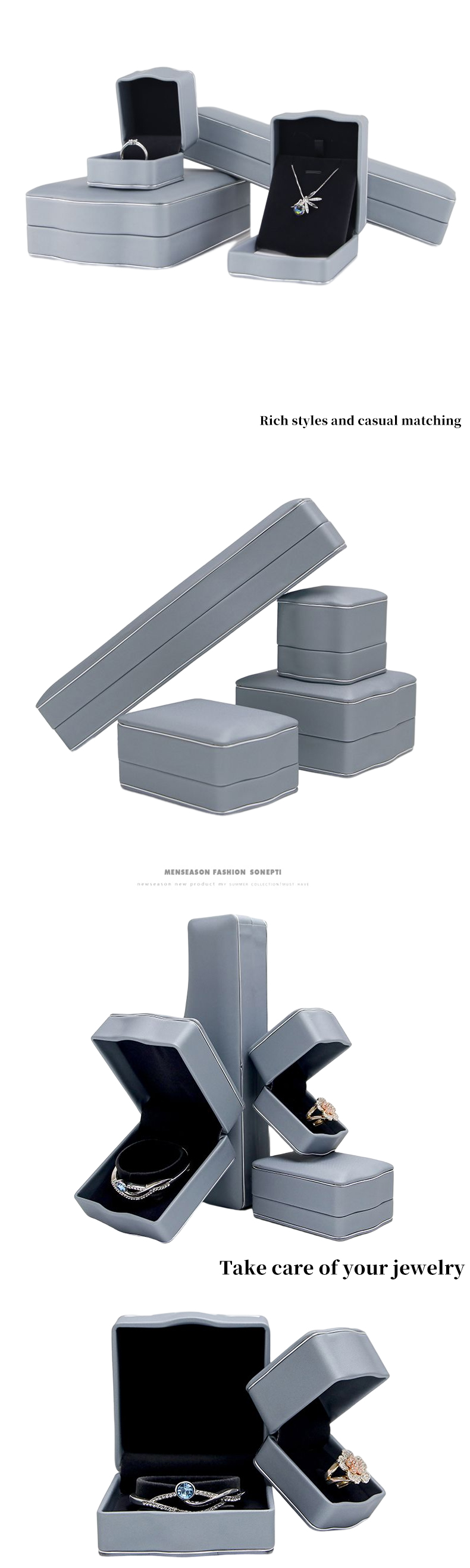 Grey PU Leather Luxury Jewelry Box for Ring Necklace Bracelet Set Packaging by Hanhong
