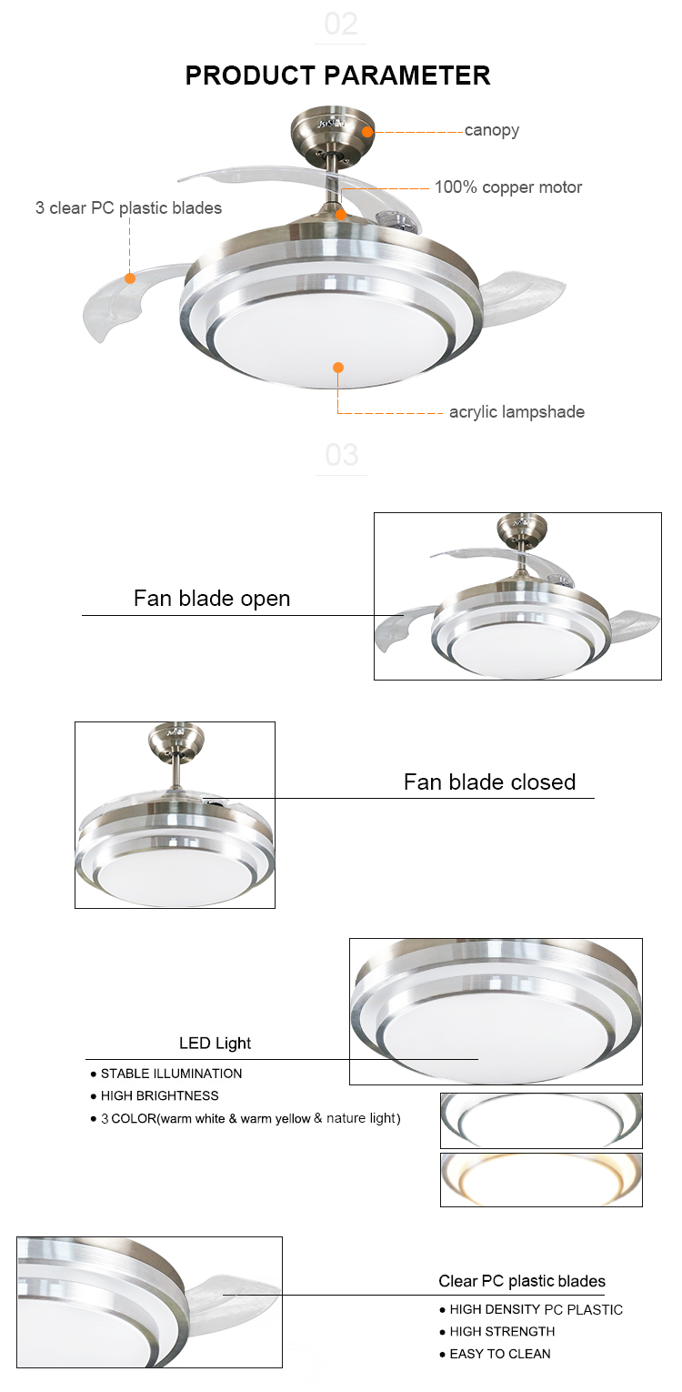 42" Hidden Blades Remote Control LED Ceiling Fan Light for Modern Decor in 3000-6000k