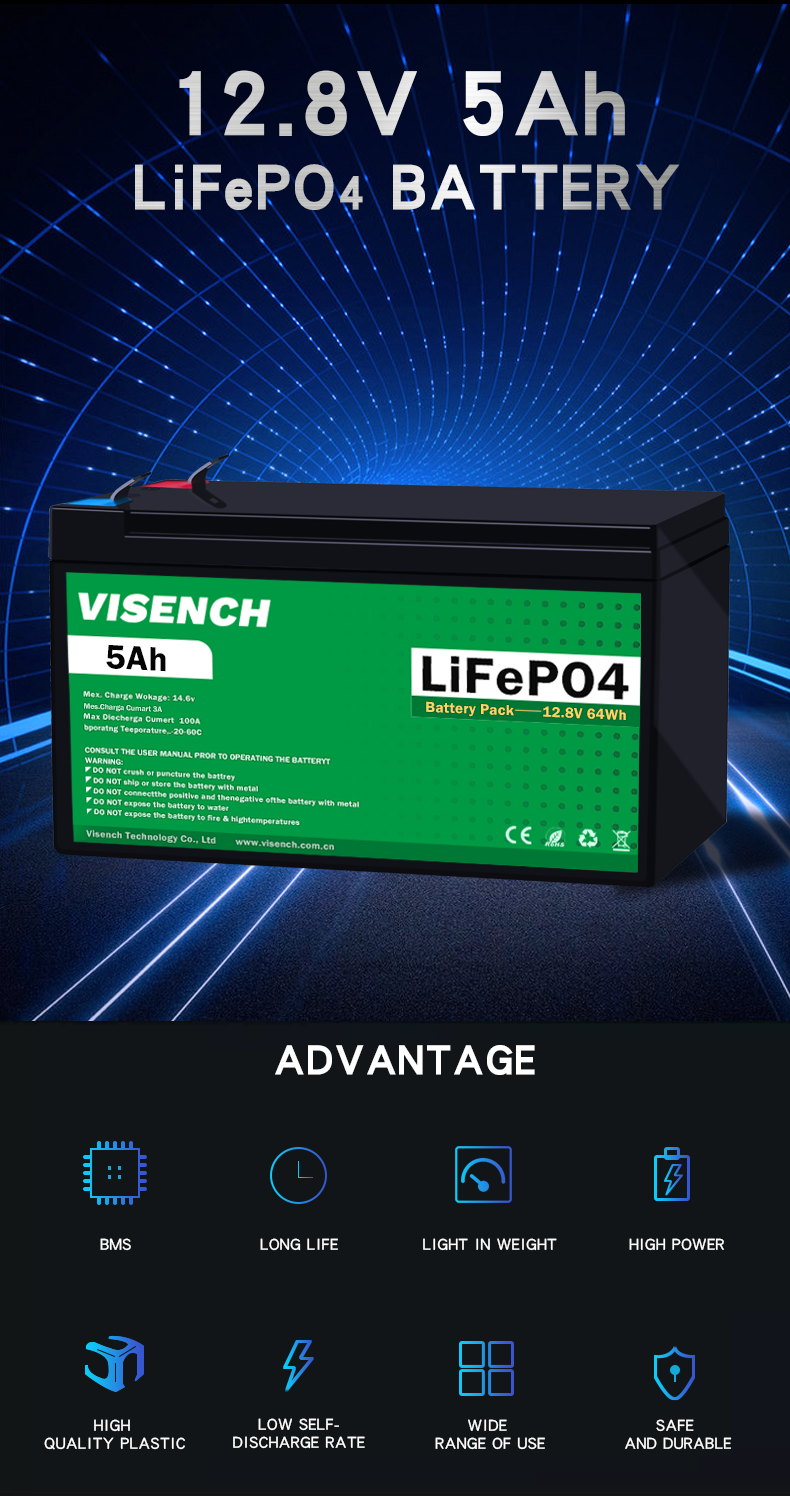 Visench Direct factory high quality 12v 5ah Deep 6000 Cycles Solar Lifepo4 Rechargeablehome energy storage battery