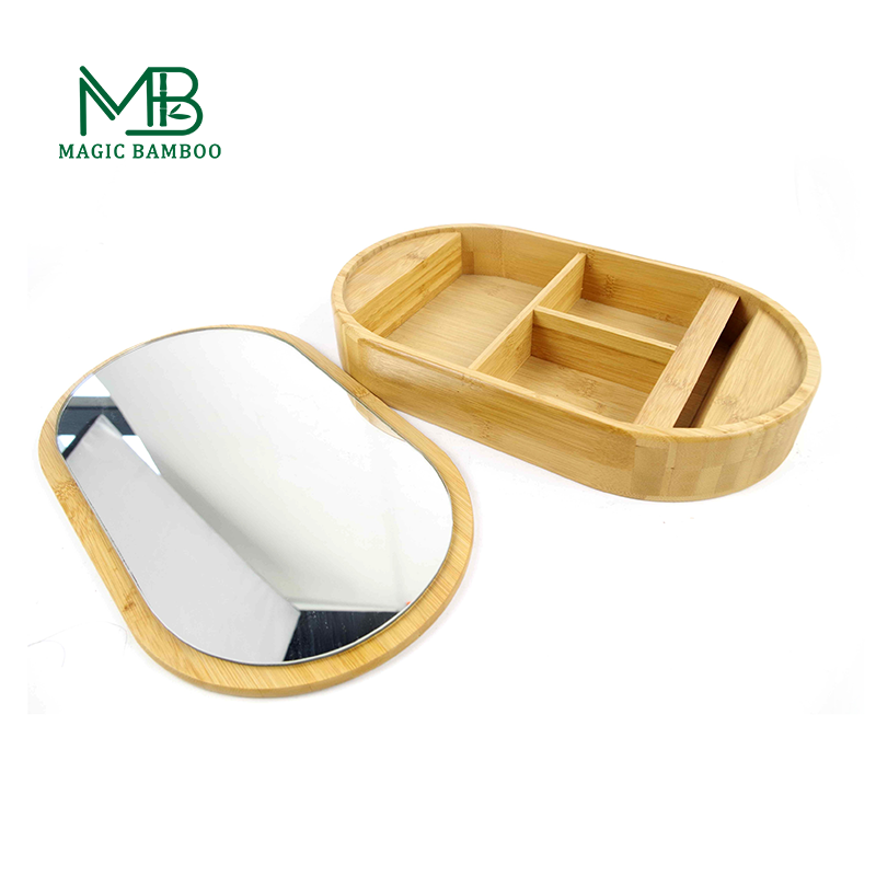 Bamboo Oval Mirror Jewelry Box Jewelry Organizer Multi Divided