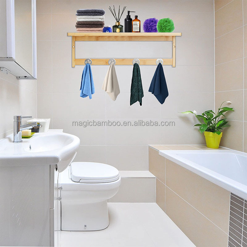 Modern and Functional Solid Bamboo Wooden Bathroom Shelf with 4 Stainless Steel Hooks