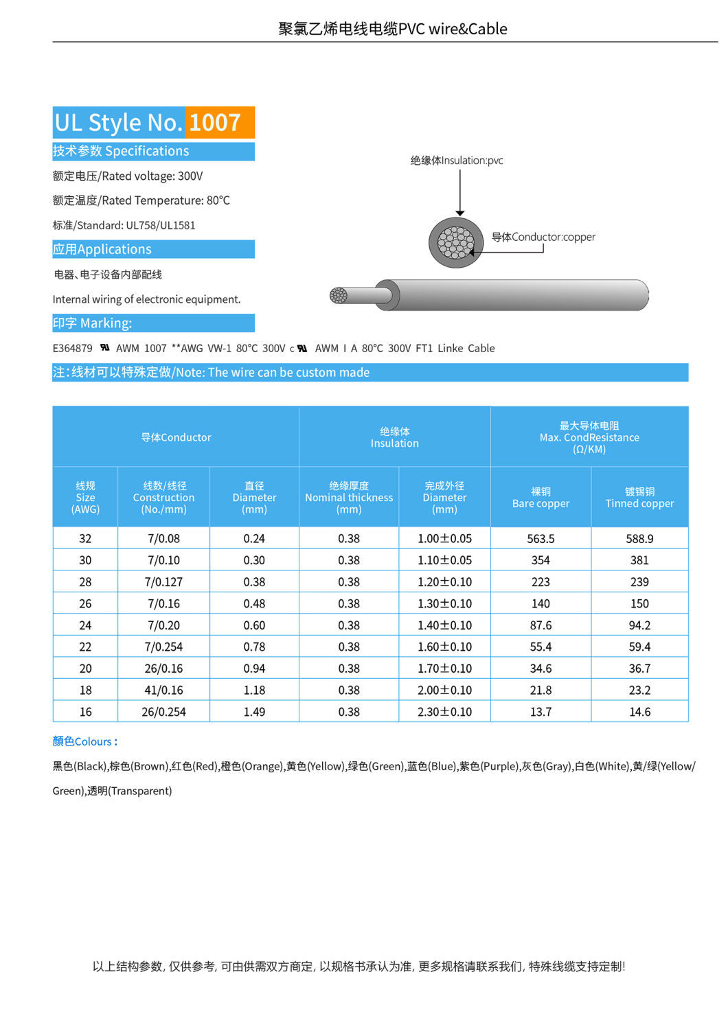 UL1007 Cable High Quality Hook-up Wire Internal Tinned Copper PVC Lead Cable
