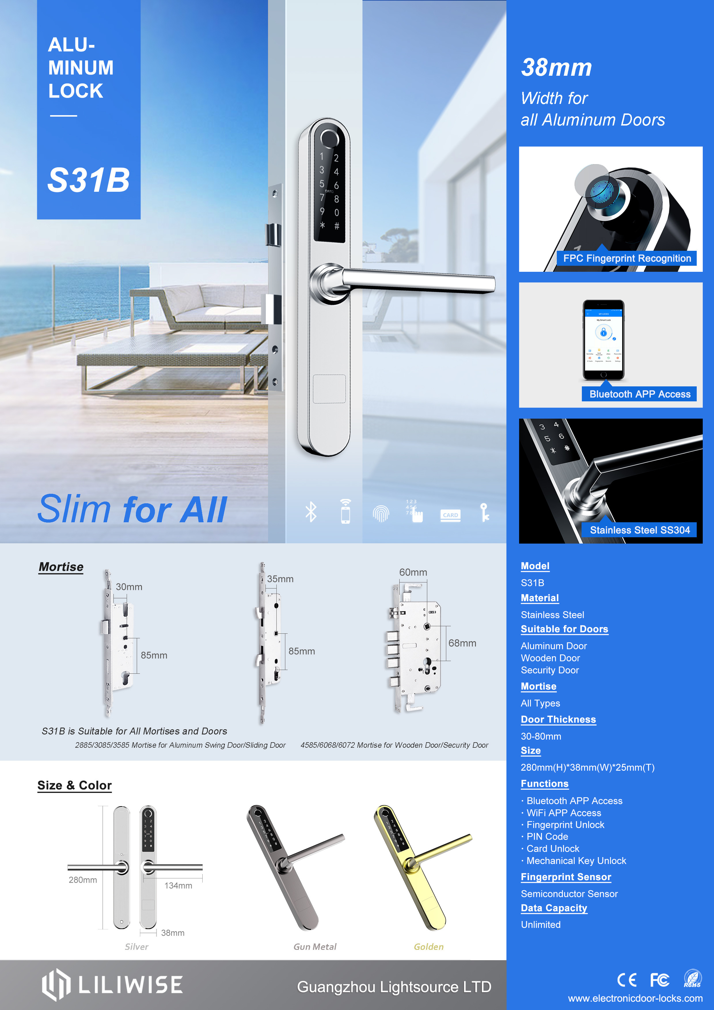 Stainless Steel Lock Smart Biometric Aluminium Door Locks Low Power Consumotion