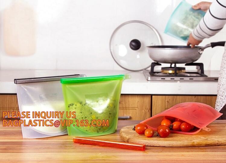 Storage preservation reusable silicone food bag,FDA reusable silicone storage food bag with Zip lockk in microwave bagease