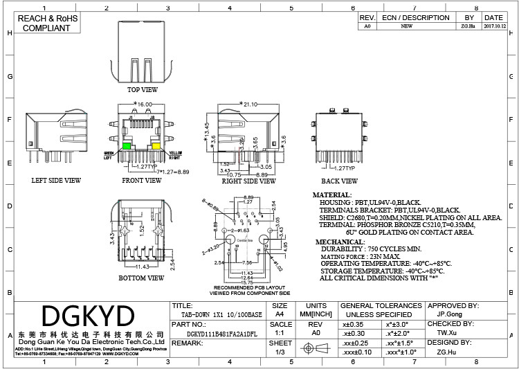 DGKYD111B481FA2A1DFL 10P8C RJ45 Single Port With Transformer