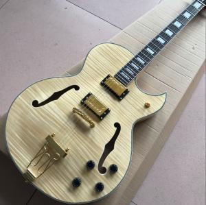 China LP les Tiger Flame paul F hollow body jazz electric guitar in natural color on sale
