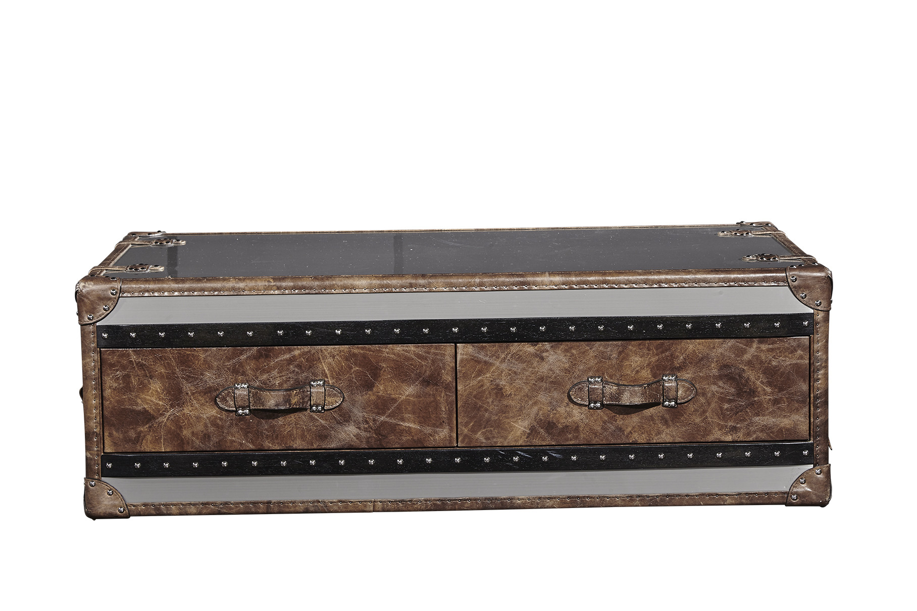 Stainless Steel Side Coffee Table 1.3M Length 4 Drawers Top Genuine Leather Handle