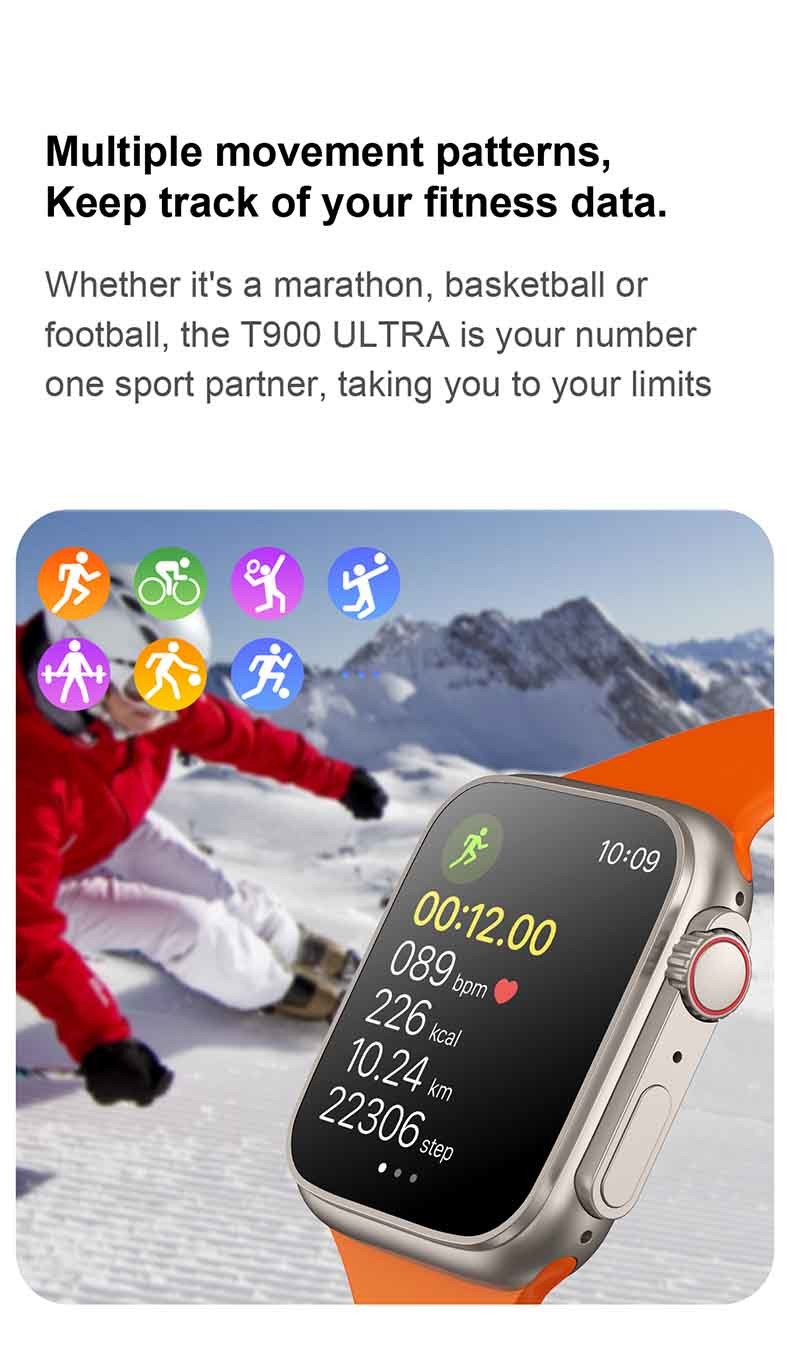 Android Waterproof Smart Watch T900 Ultra Build In 200mah Battery Capacity