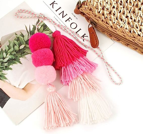 Colorful Bohemian Pompom Tassel Keychain Handbags Straw Bag Charms Ornaments Key Ring Pompom Pendant