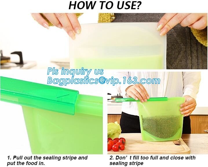 Storage preservation reusable silicone food bag,FDA reusable silicone storage food bag with Zip lockk in microwave bagease