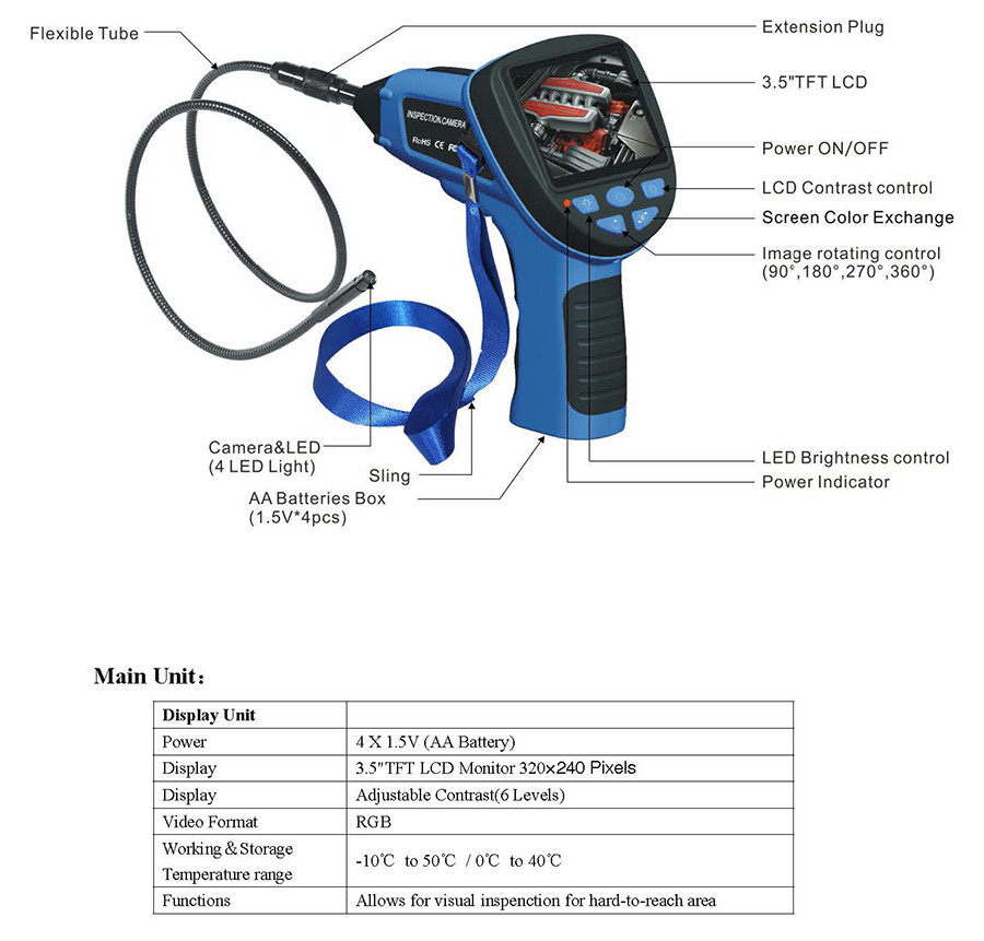 SNS-99H Video Endoscope Camera with 3.5 inch TFT LCD display screen