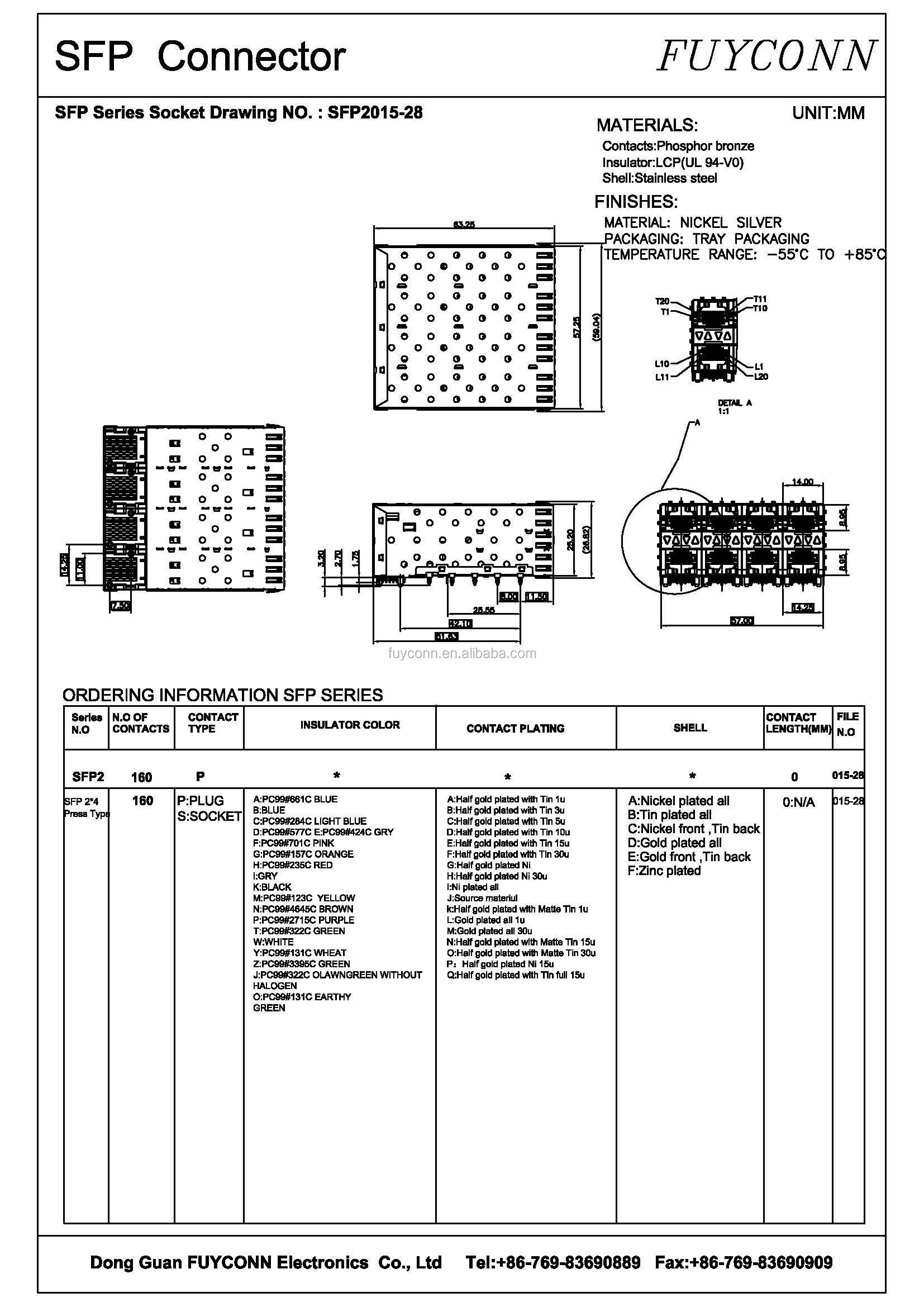 2x4 Port Female SFP Connector 160 Pin with Light Pipe