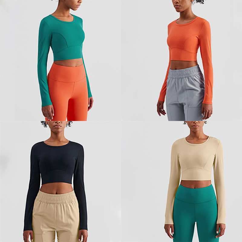 Rib Striped Ladies Yoga Tops Active Stretch Fitness Long Sleeve Yoga Crop Top