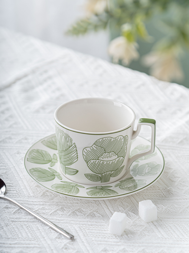 Sustainable Nordic Style Printed Flower Ceramic Coffee Cup And Saucer 200ml Volume