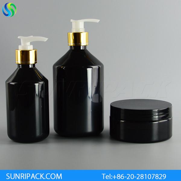 250ml/500ml black modern round plastic bottle and golden pump, 250g black