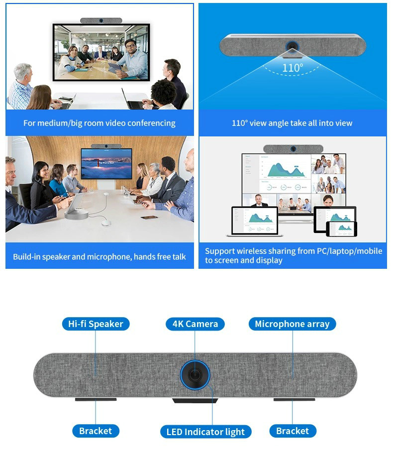 4k ultra HD 110 degree ip video conference camera speaker and mic integrated terminal for meeting room