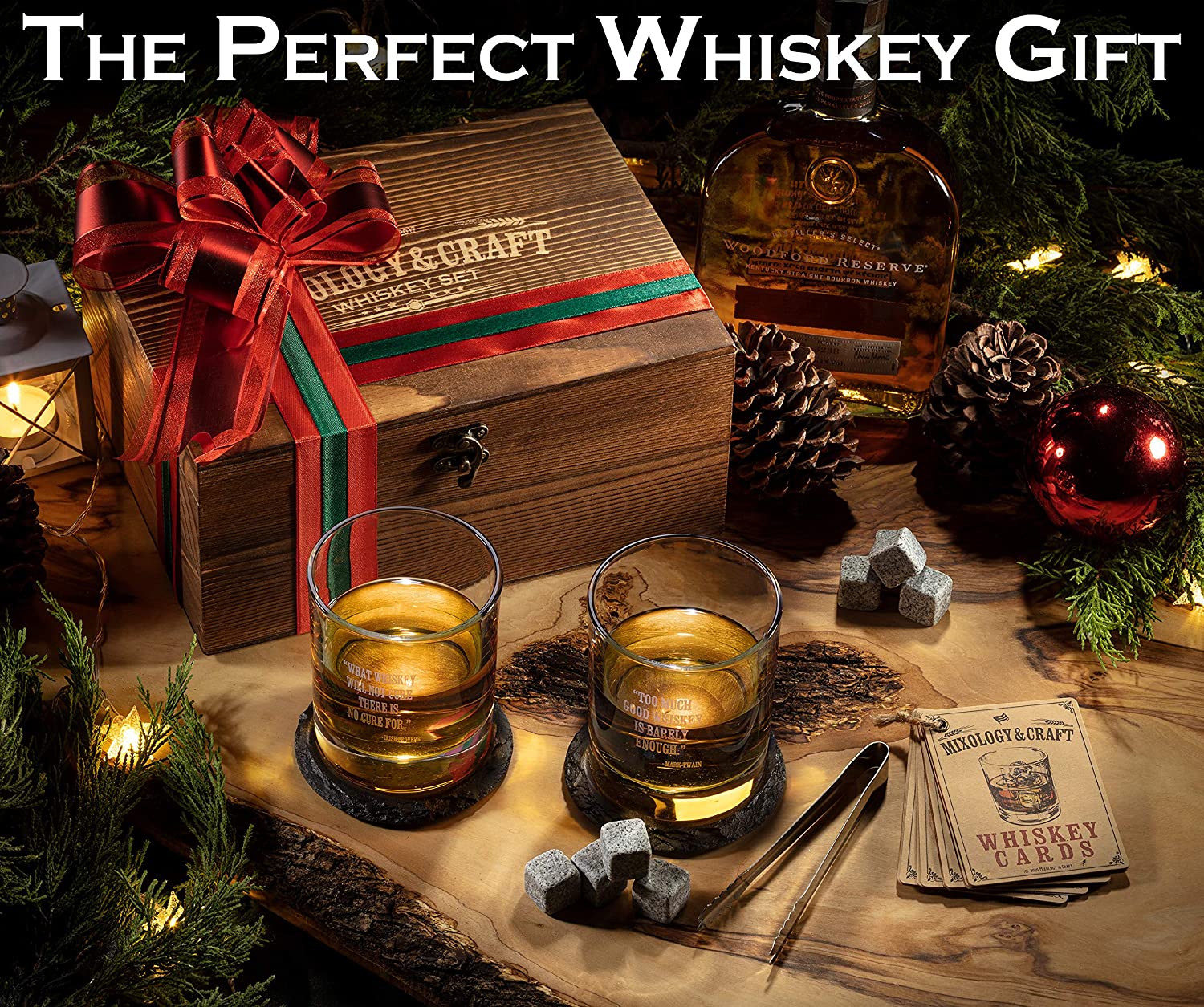 Gift Cocktail Box Kit For Men UV Printing Whiskey Stone And Glass Set