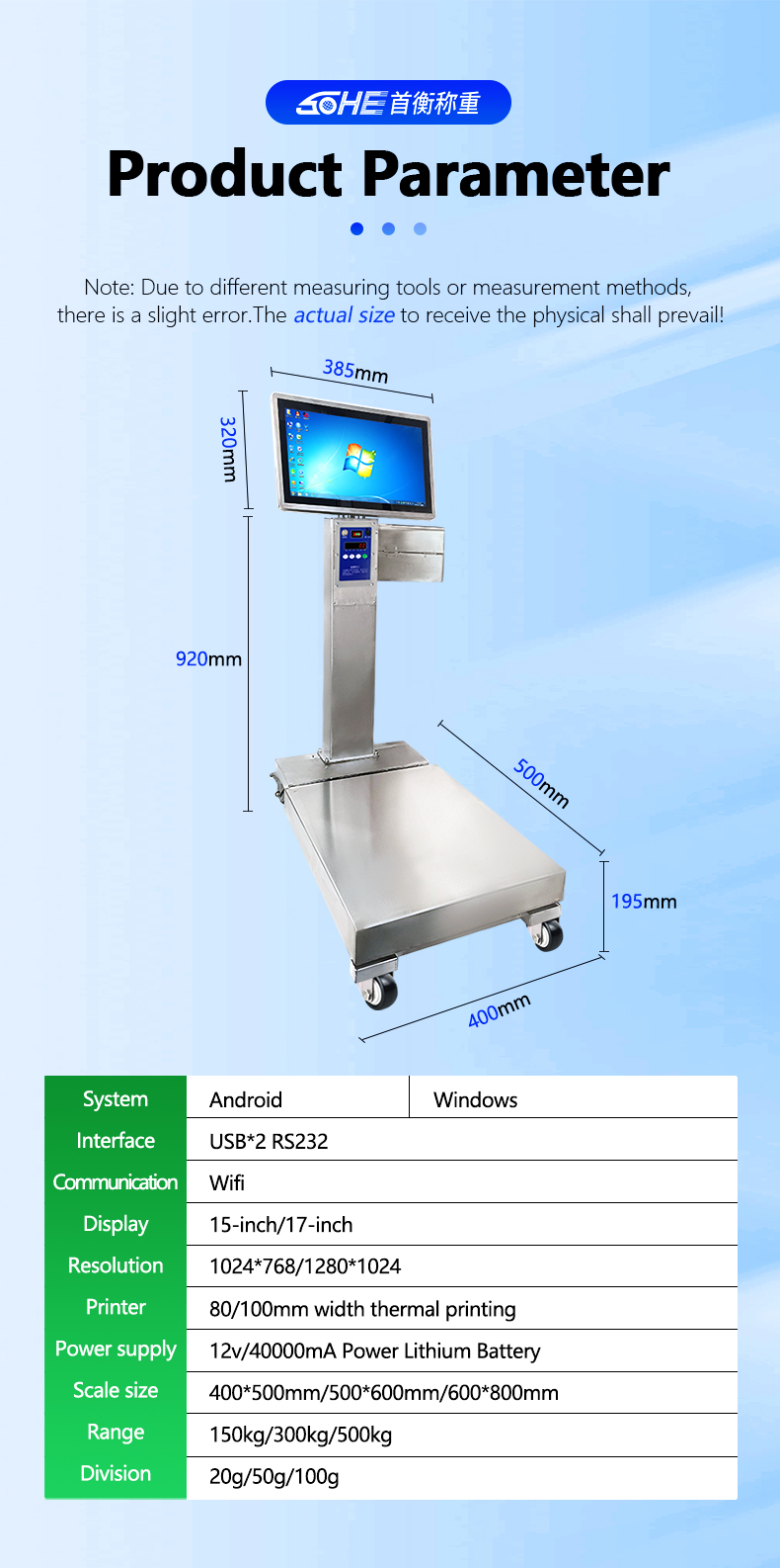 SOHE 40*50cm Full Waterproof Intelligent Scale High Accuracy for Mobile and Windows