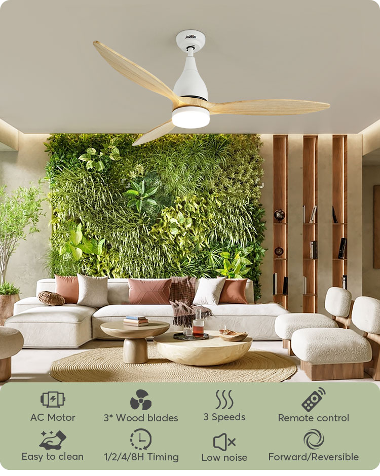 Wooden LED Ceiling Fan with Remote Control 3 Speeds Adjustable and Pure Copper AC Motor