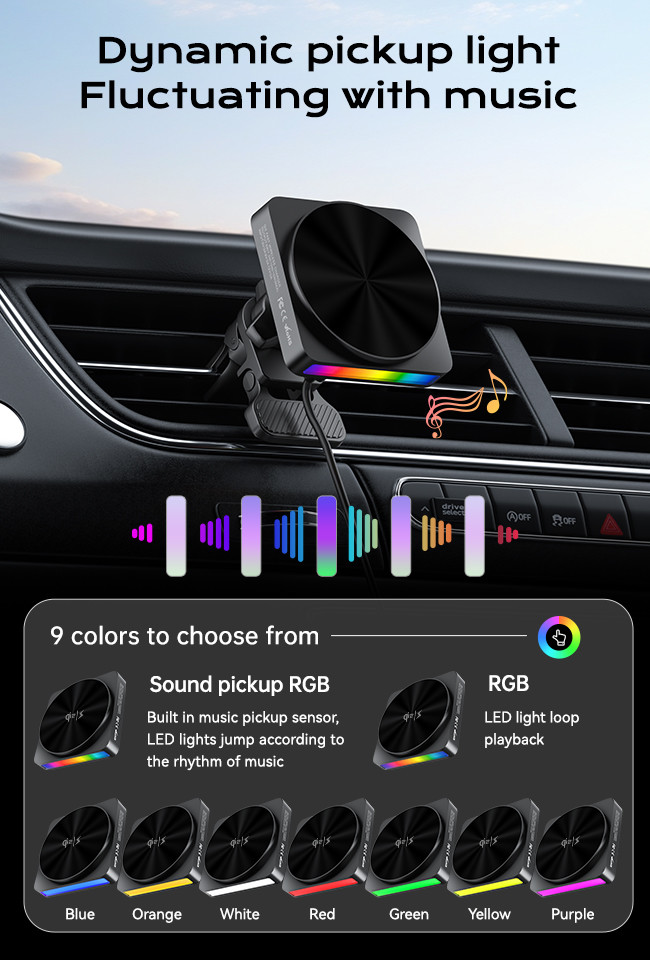 15w Wireless Charger With 9-Color RGB Ambient Light Projection And Central Control For Car Magnetic Phone Holder