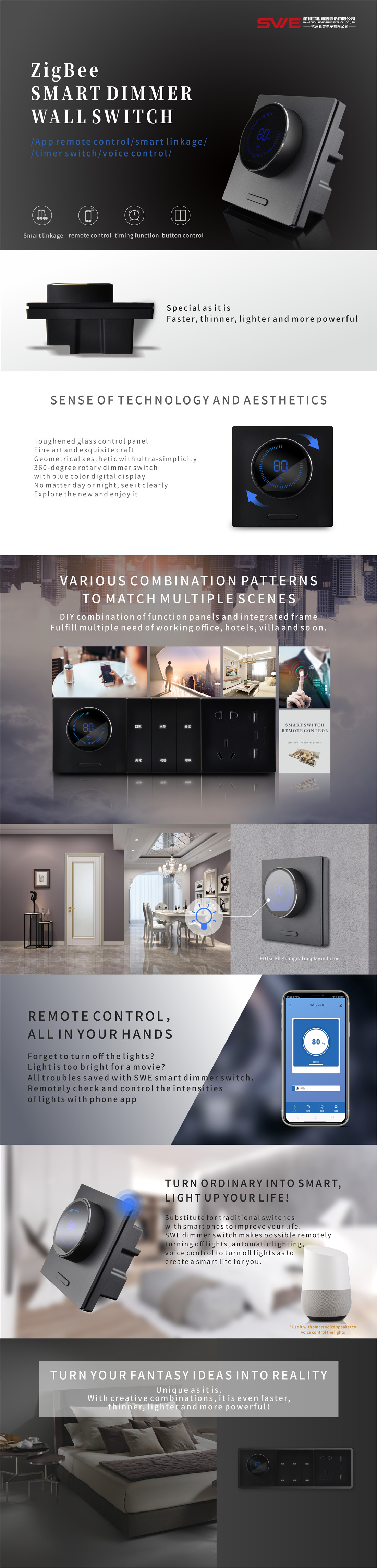 1 Gang 250V 400W Zigbee Smart Wall Dimmer Switch Wireless Remote Control