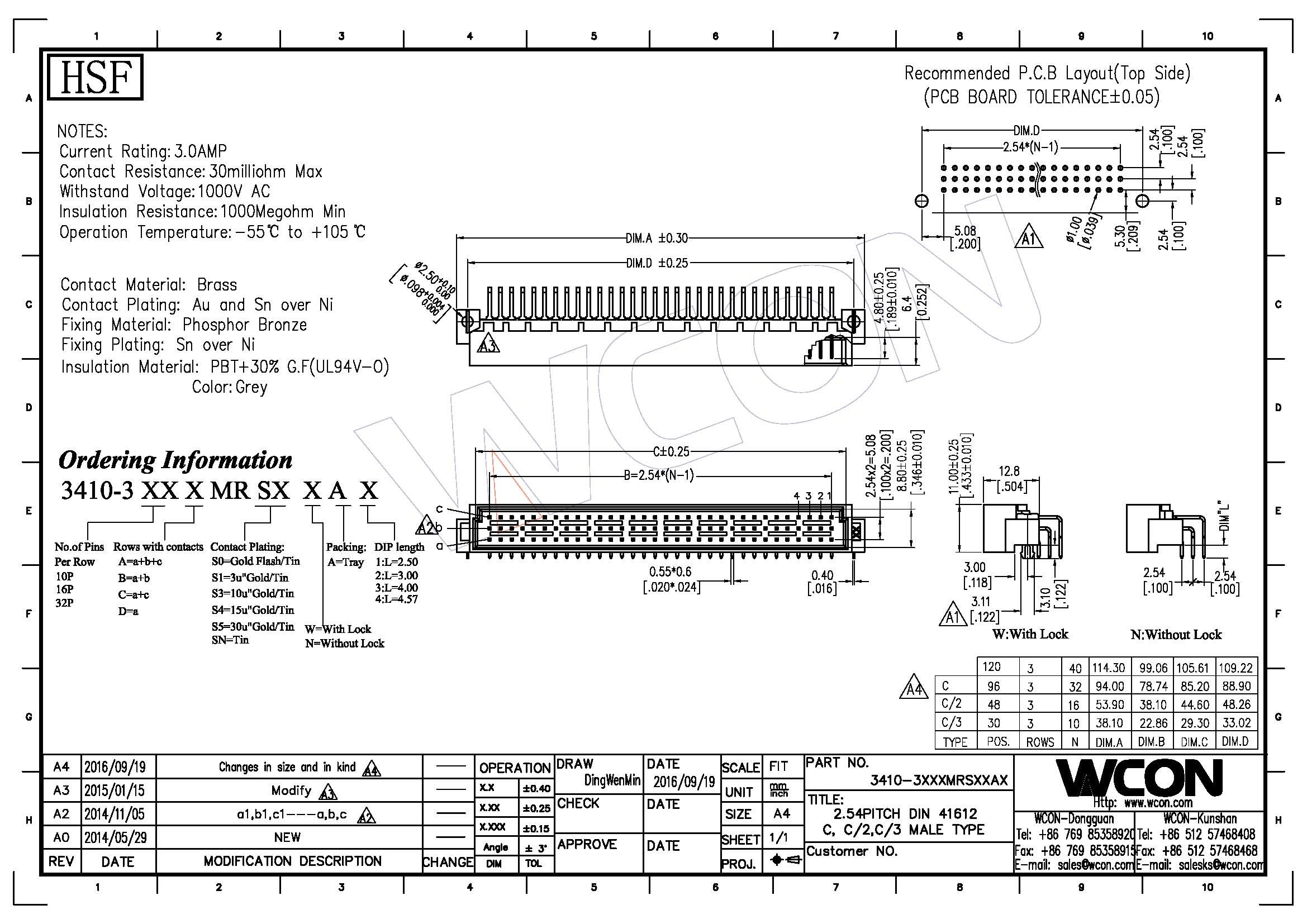 Right Angle Phosphor Bronze Din41612 Connector 2.54mm 3*16 Pin