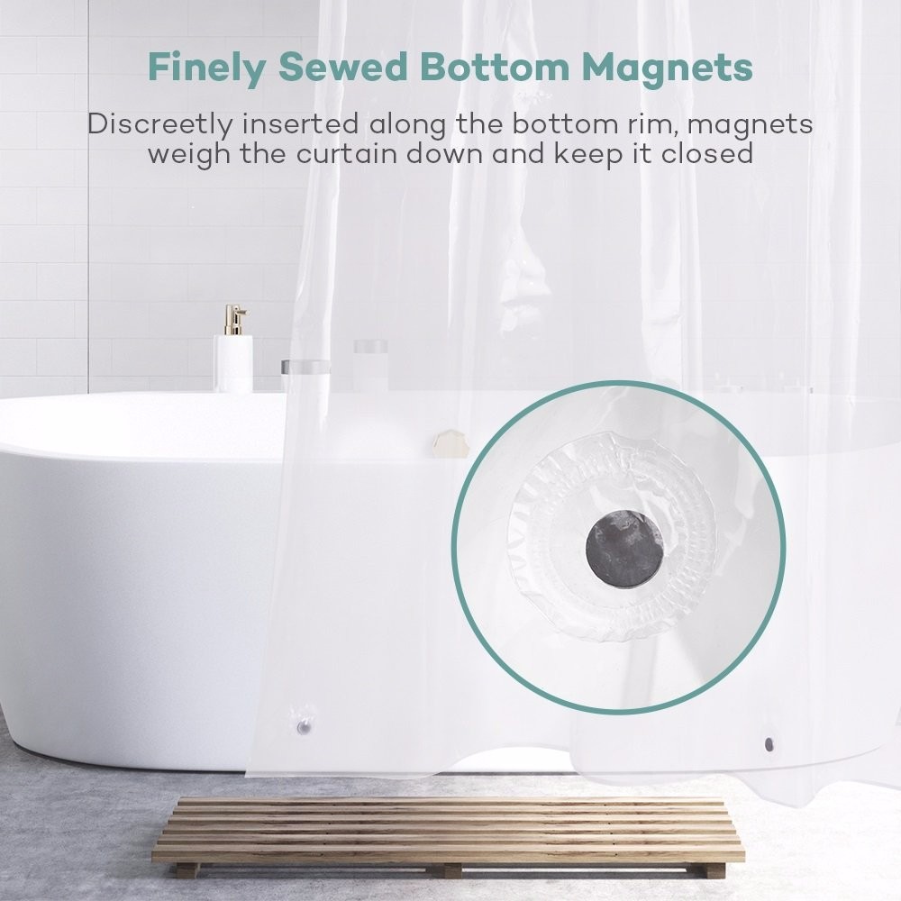 Shower Curtain with Hooks (Natural Herringbone) and PEVA Shower Curtain Liner (Clear) Set
