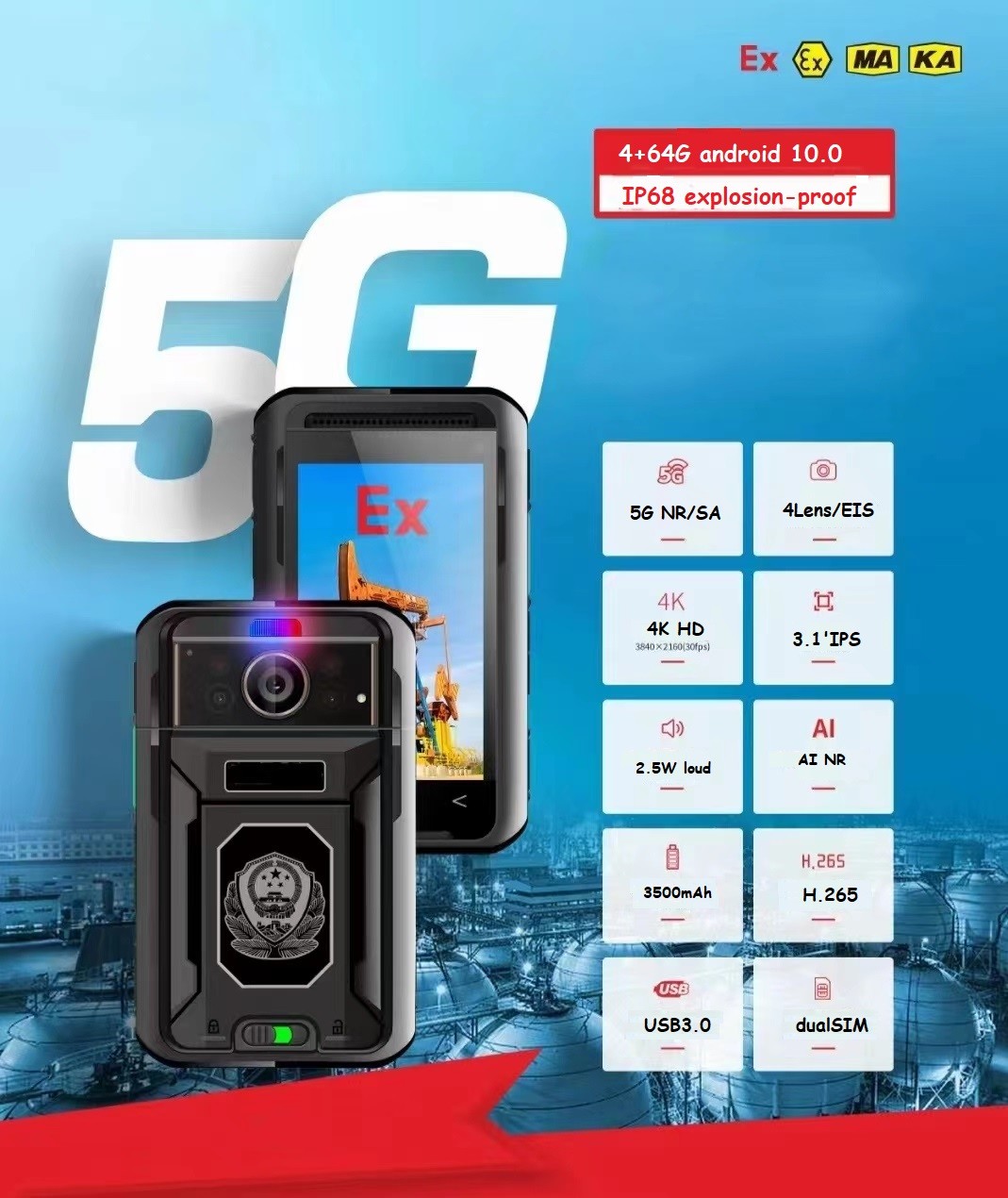 1080P Resolution 5G Body Camera with GPS/Bluetooth/Accelerometer and Android 10 System