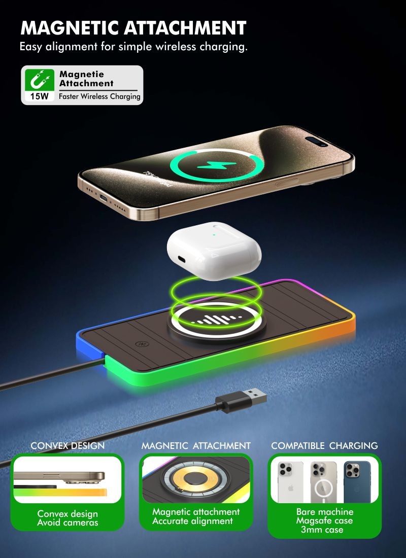 Magnetic Wireless Car Charger with RGB LED Light Charging for Qi Phones and Earbuds - 15W Power