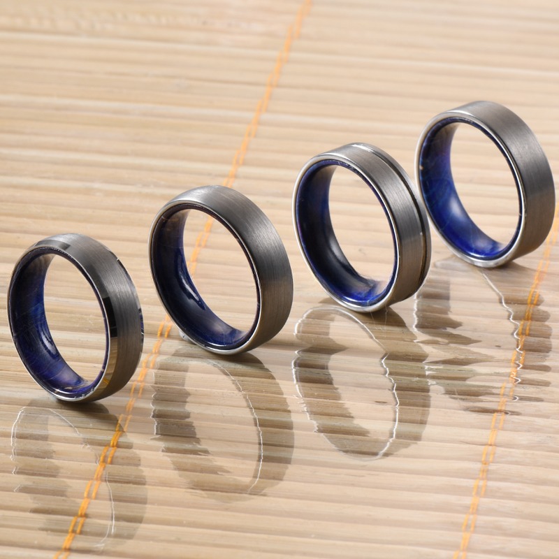 Sample Making 6mm Brushed Silver Tungsten Carbide Rings Inlay Blue Purple Box Elder Wood Flat Dome Beveled Edge Wedding Band