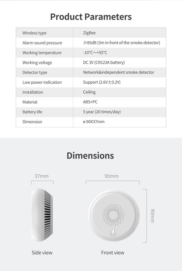 15dBm Zigbee Smoke Detector 85db Tuya Smoke Detector Home Assistant