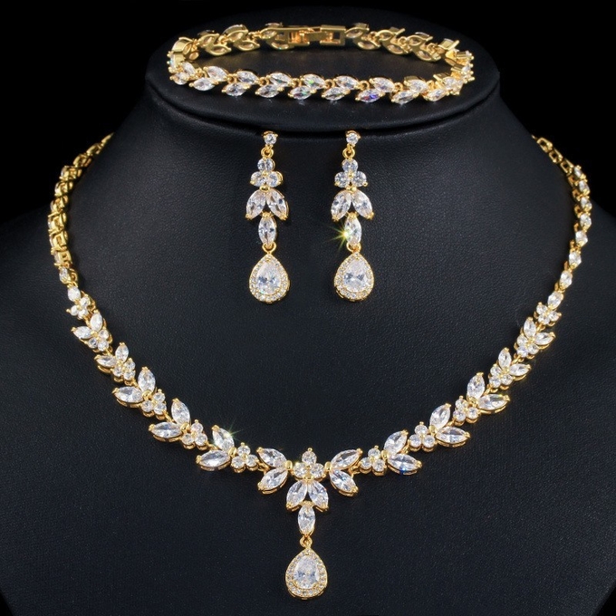Silver Necklace Jewelry Set Necklace Earrings Jewelry Dainty Bridal Cz Waterdrop Wedding Ring Jewelry Set
