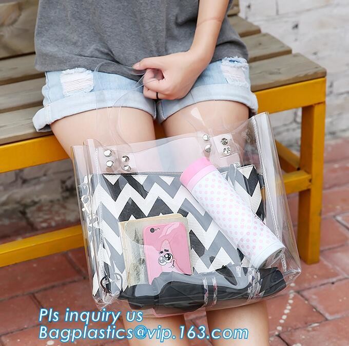 Tote Bags PVC Beach Lash Package Tote Shoulder Bag with Interior Pocket, Waterproof Semi-clear Tote Bags Stripe PVC Shou