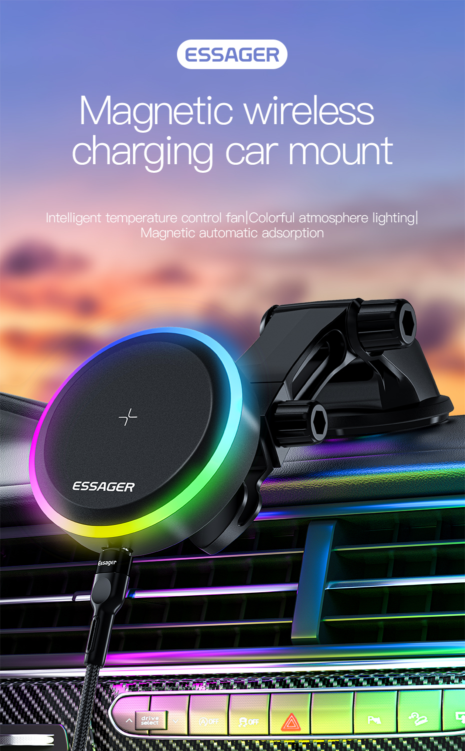 Essager 2022 Ferris Wheel 15W Wireless Charging RGB Ambient Light 360 Rotational Car Charger Holder For Car