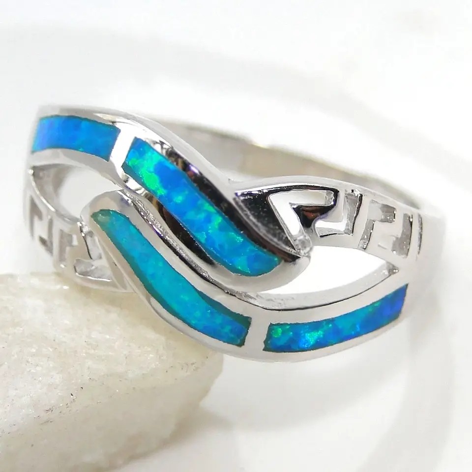 Sterling Silver Wholesale Jewelry Greek Blue Lab Opal Wedding Ring Synthetic Opal Jewelry
