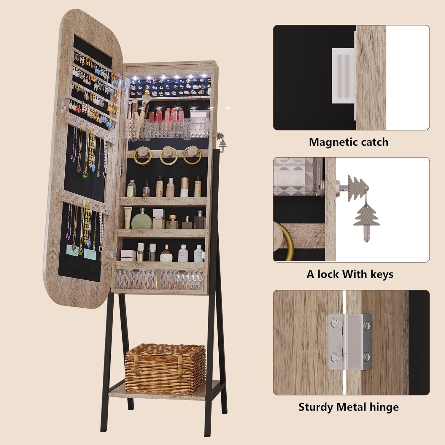 Rectangle Jewelry Armoire Mirror Lockable Full Length Mirror With Storage