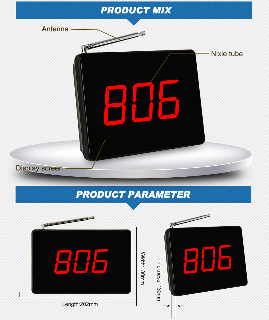 Cheap price wireless call paging system smart restaurant table button small display receiver