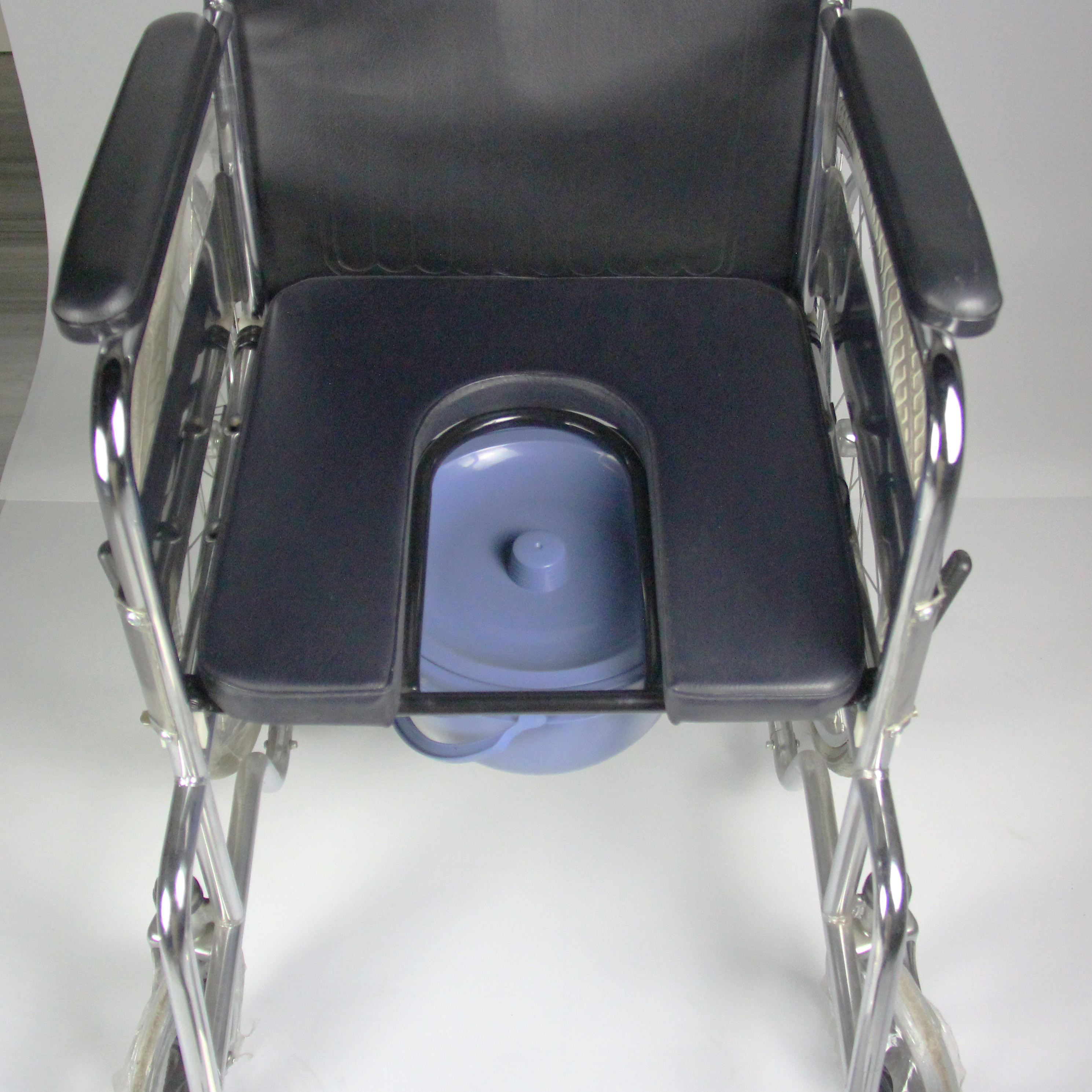 Commode Folding Steel Wheelchair With Solid Castor And Rear Wheel