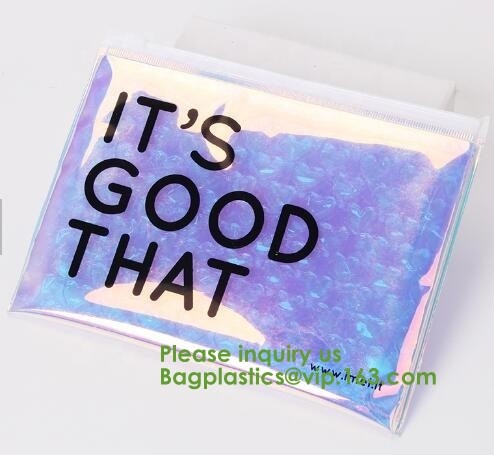 Compostable metallic glossy holographic private label bubble mailing bag, zip slider clear glitter bubble pouch bag