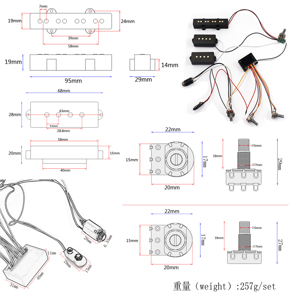3 Band Equalizer EQ Preamp Circuit Bass Guitar Tone Control Wiring Harness and JP Pickup Set for Active Bass Pickup