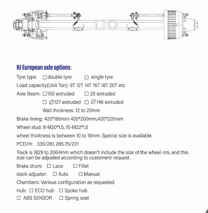 9T Square Trailer Axle , 10-M22*1.5 European Commercial Trailer Axles