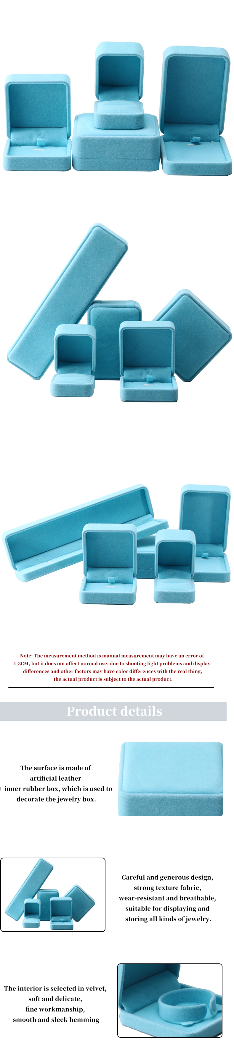 China Manufacturing wholesale high end Handmade Necklace Ring Box Jewellery Packaging Custom logo Luxury Square Suede Velvet Sky Blue Jewelry Box