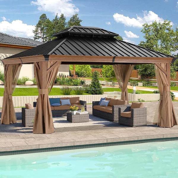 Metal Roof Gazebo 10 'X 12' Outdoor Gazebo Metal Roof with Mesh and Curtains,