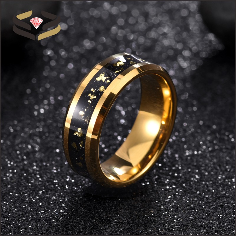 Round Gold Tungsten Wedding Bands 8mm With Gold Leaf Inlay And Beveled Edges