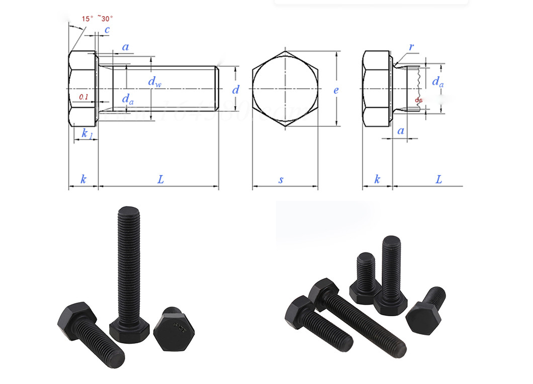 Black Hex Head Bolts M10 Stainless Steel Machine Bolts 1/4 Inch